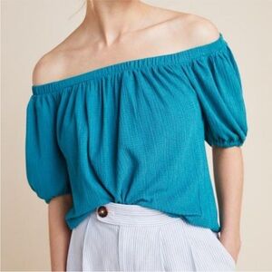 By Anthropologie Elodie Off The Shoulder Turquoise Teal Puff Sleeve Top Size XL